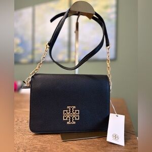 NWT! NEW! Tory Burch Britten Combo Crossbody Black Pebbled Leather